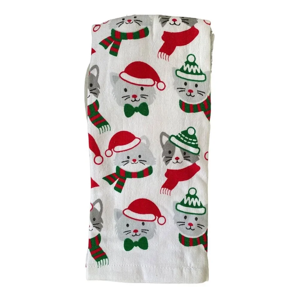 NWT Casaba Gray Christmas Cats in Stocking Hats 3 piece Xmas Kitchen Towel Set